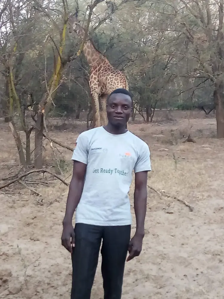 An adult participant in a woodland habitat with giraffes visible behind him during an environmental learning visit