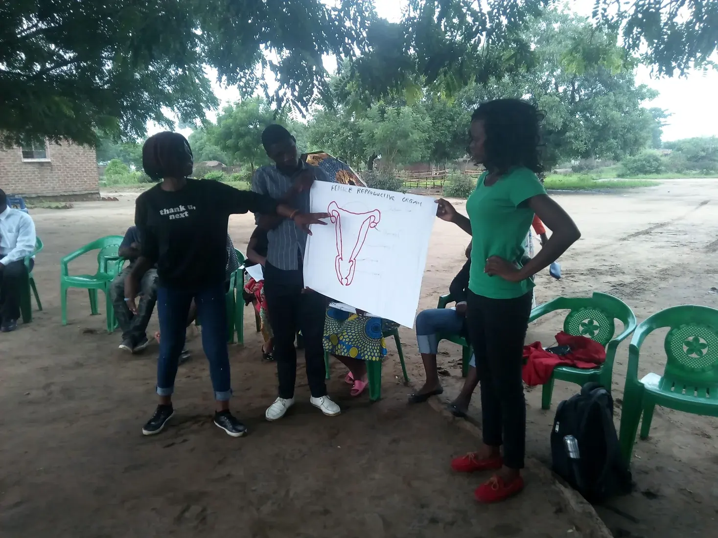 Women leading a health-awareness demonstration using reproductive-health diagrams