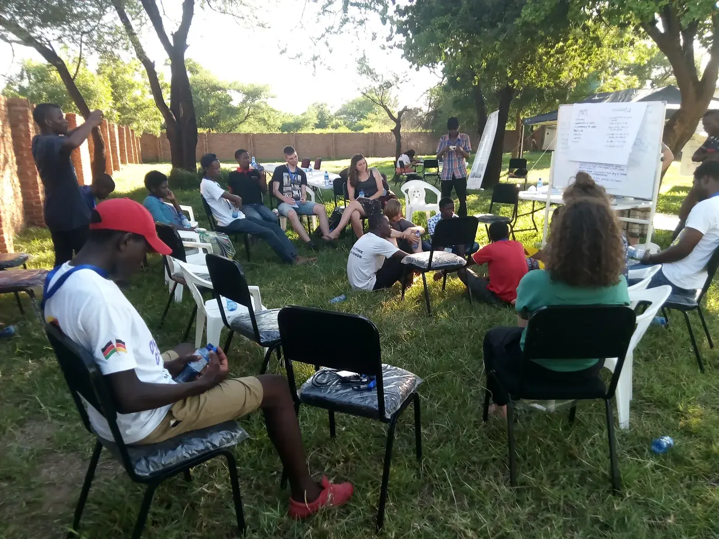 A facilitated outdoor youth workshop with participants and visual learning materials