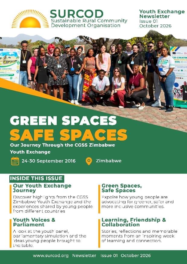 Green Spaces, Safe Spaces newsletter cover, with the youth exchange group photograph and four issue highlights