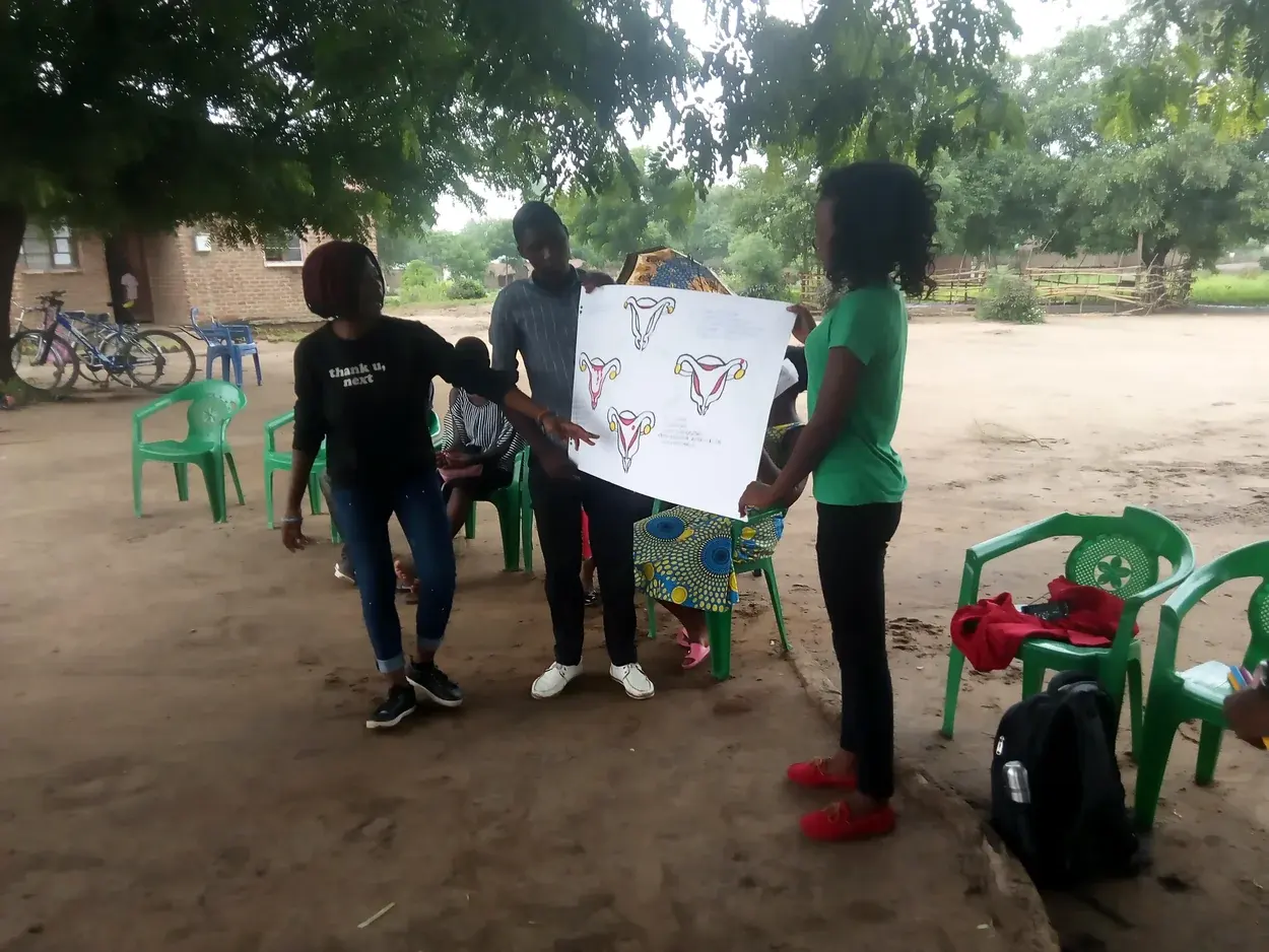 Women facilitating a reproductive-health learning demonstration using visual materials